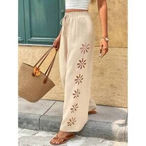 Frenchy Women's Khaki Casual Long Pants With Knotted Drawstring And Floral